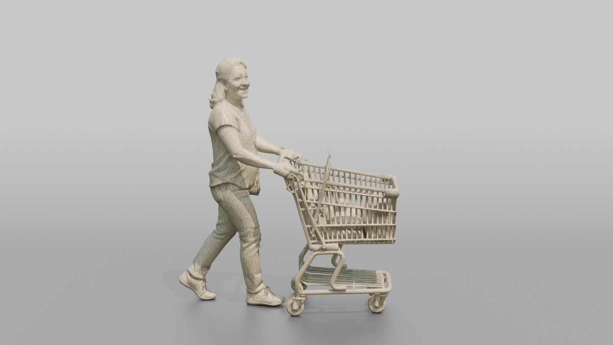 Woman Customer Pushing A Shopping Cart With An Empty Child Seat - wireframe topology preview