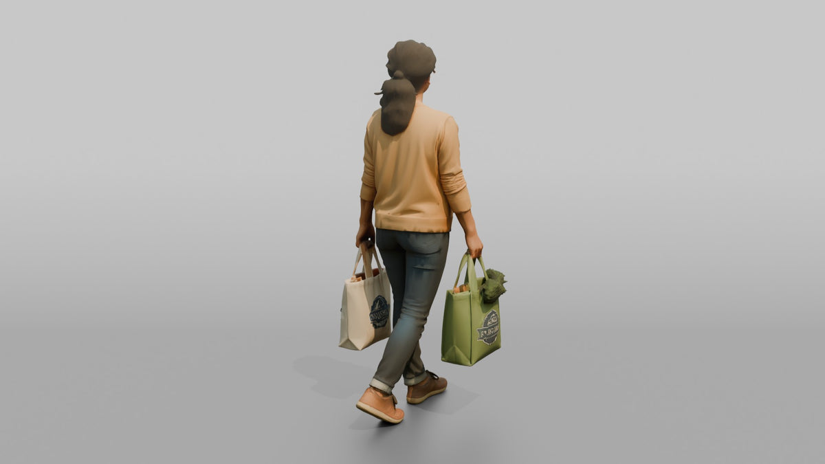 Mother Carrying Two Reusable Grocery Bags - 3D character model, view 3