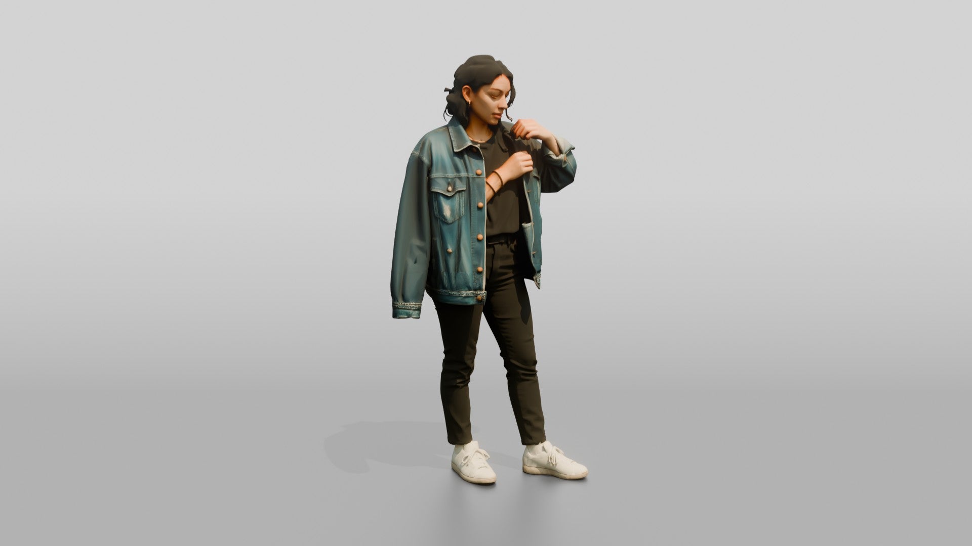 Homeless Woman Adjusting an Oversized Denim Jacket