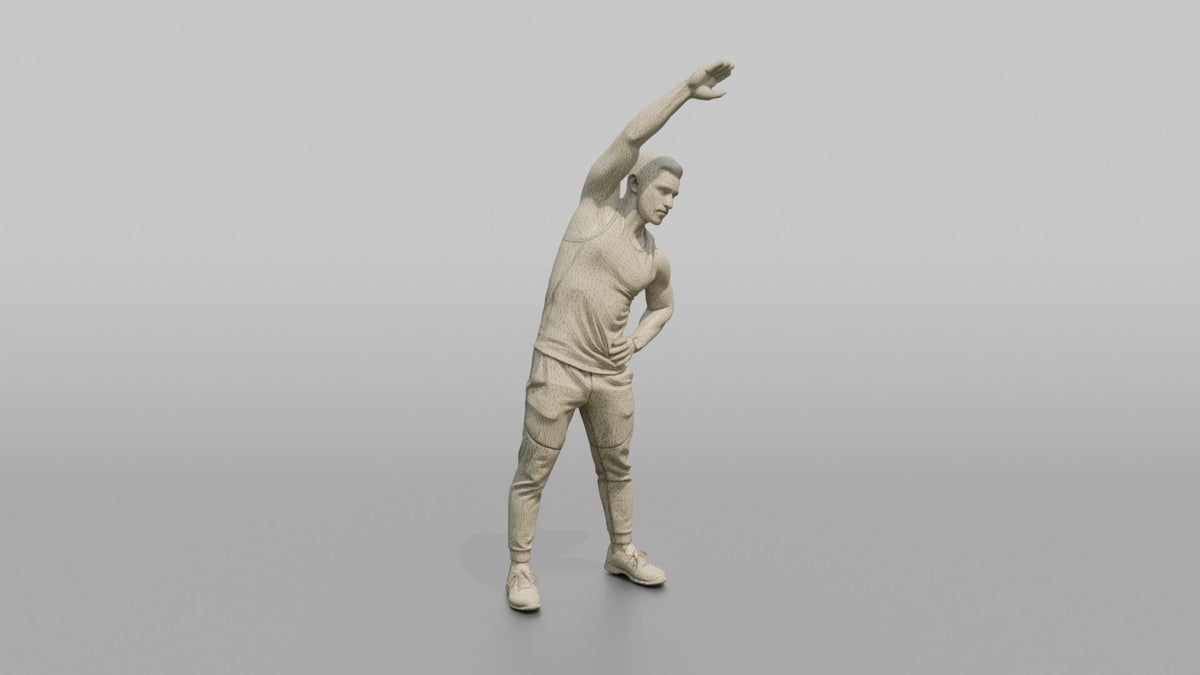 Fitness Influencer Man Doing A Standing Side Stretch, One Arm Overhead - wireframe topology preview