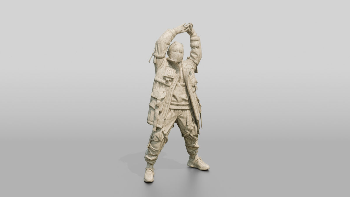 Techwear Woman Stretching Her Arms - wireframe topology preview