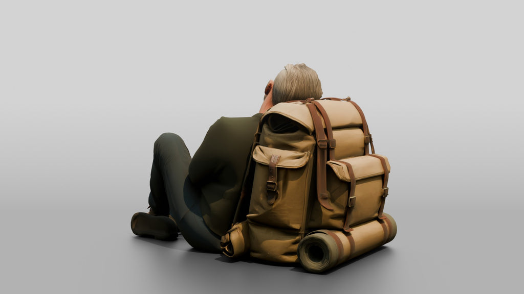 Homeless Man Asleep Leaning Against a Canvas Pack
