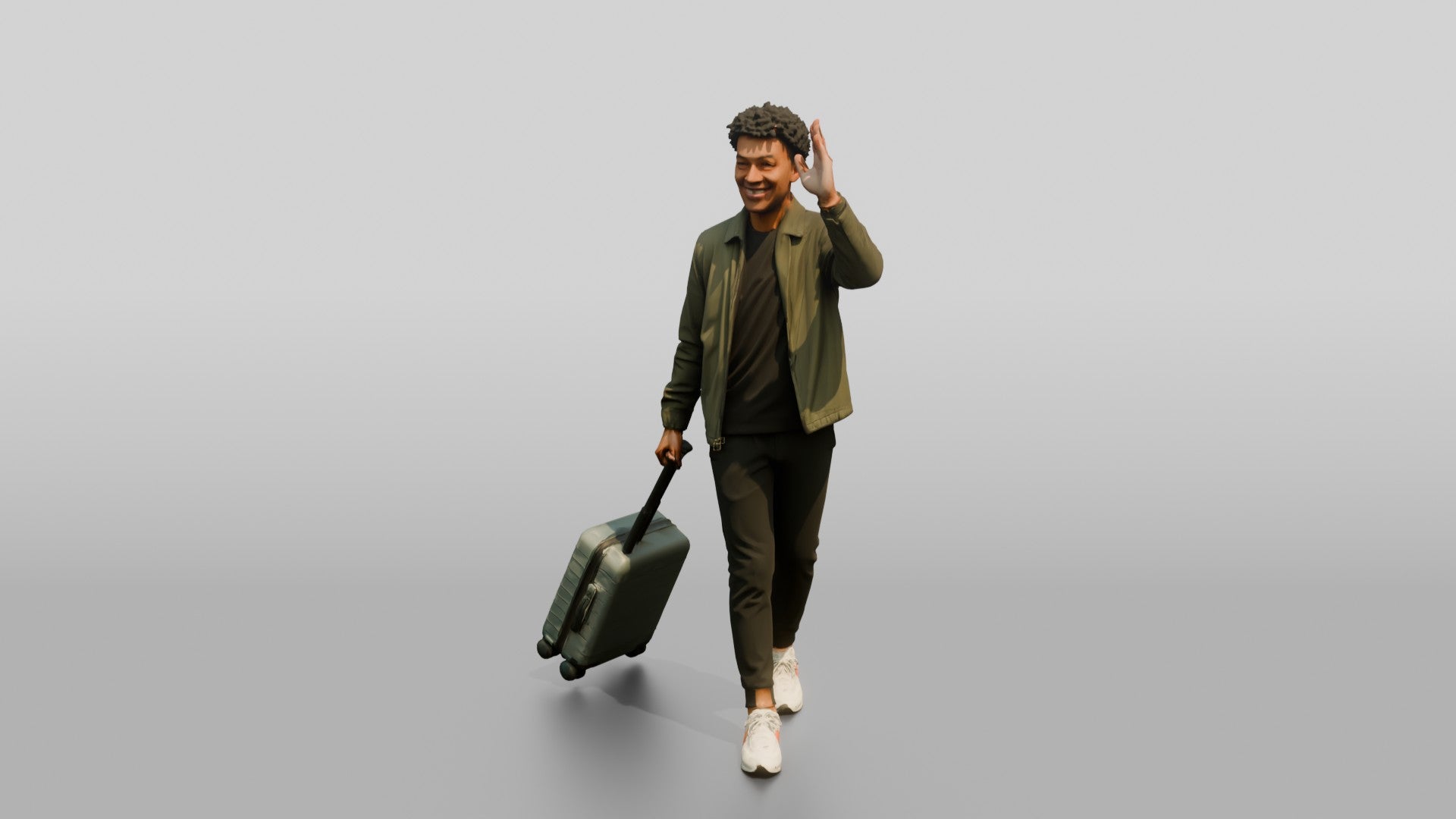 Young Black Man Waving and Smiling Pulling Rolling Suitcase