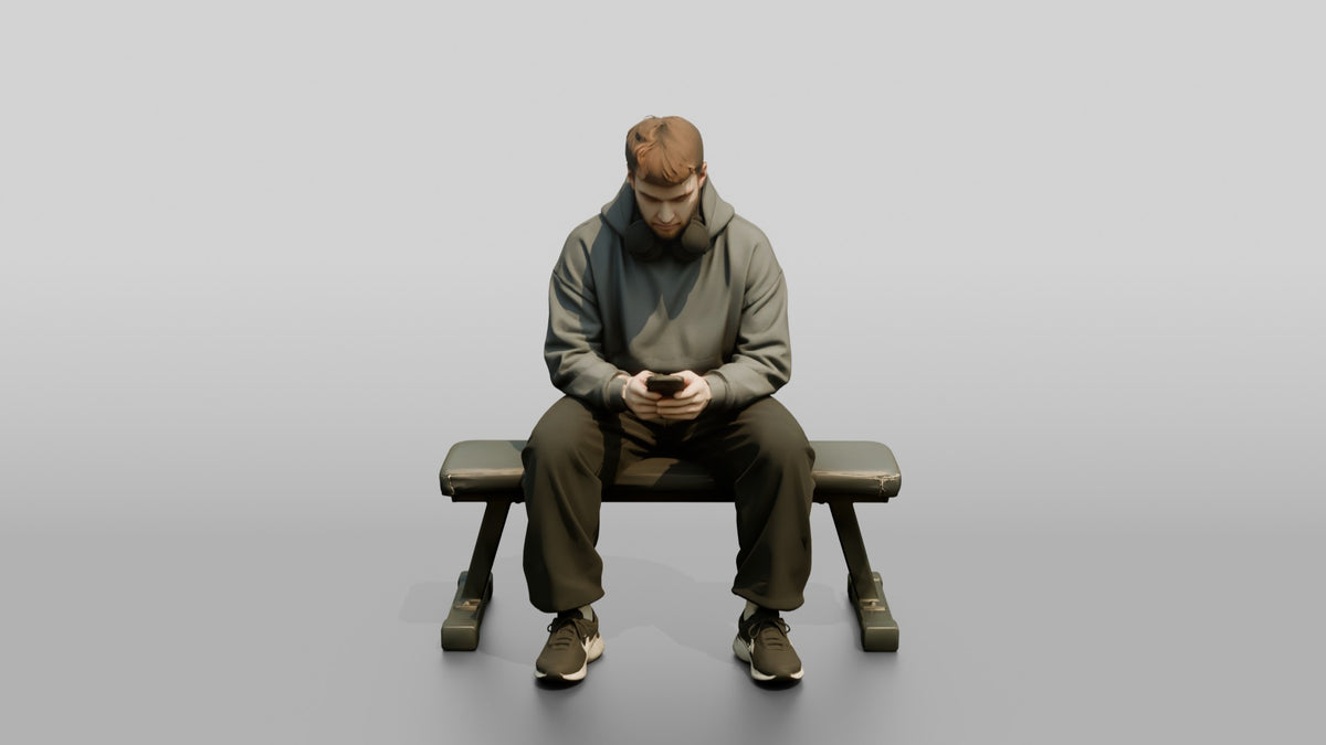 Man Sitting on Fitness Bench - 3D character model, view 5