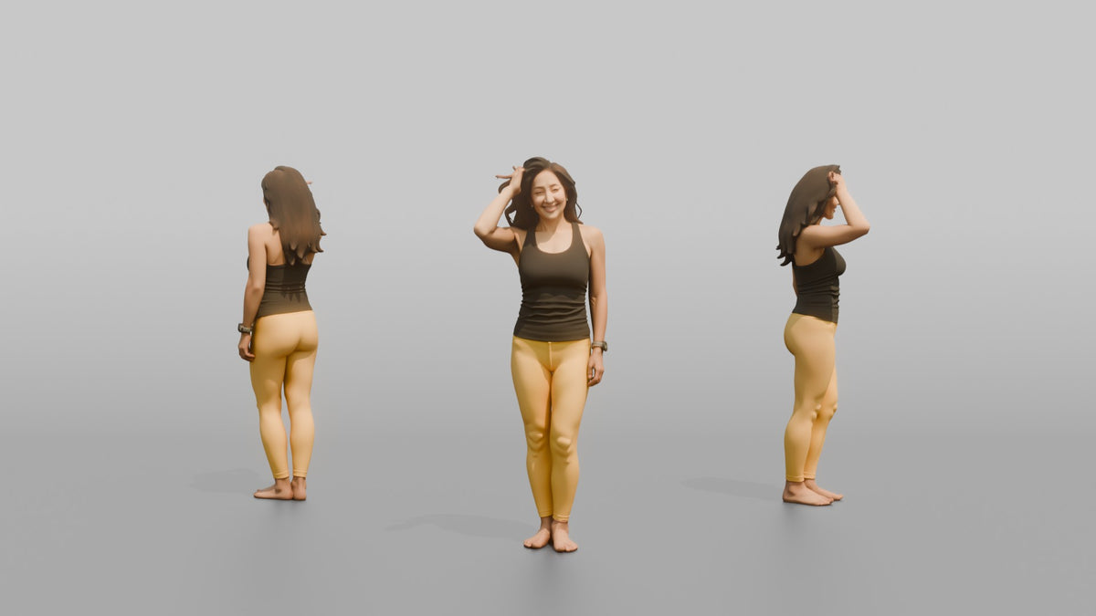 Physique Model Woman Standing With One Hand Through The Hair, Confident Pose - 3D character model, view 1