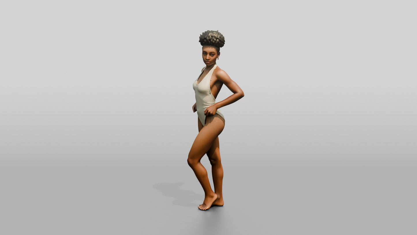 Black Woman in Ivory One-Piece Swimsuit Hand on Hip