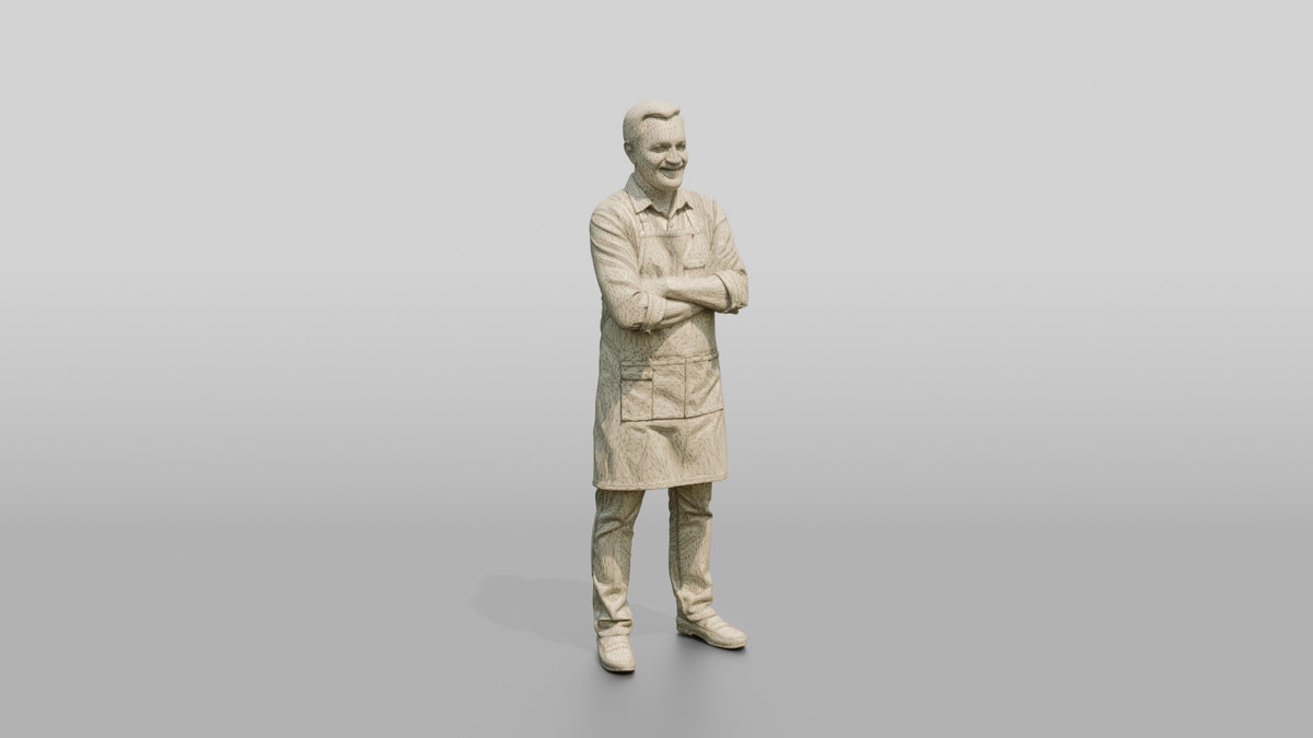 South Asian Cafe Owner in Apron - wireframe topology preview