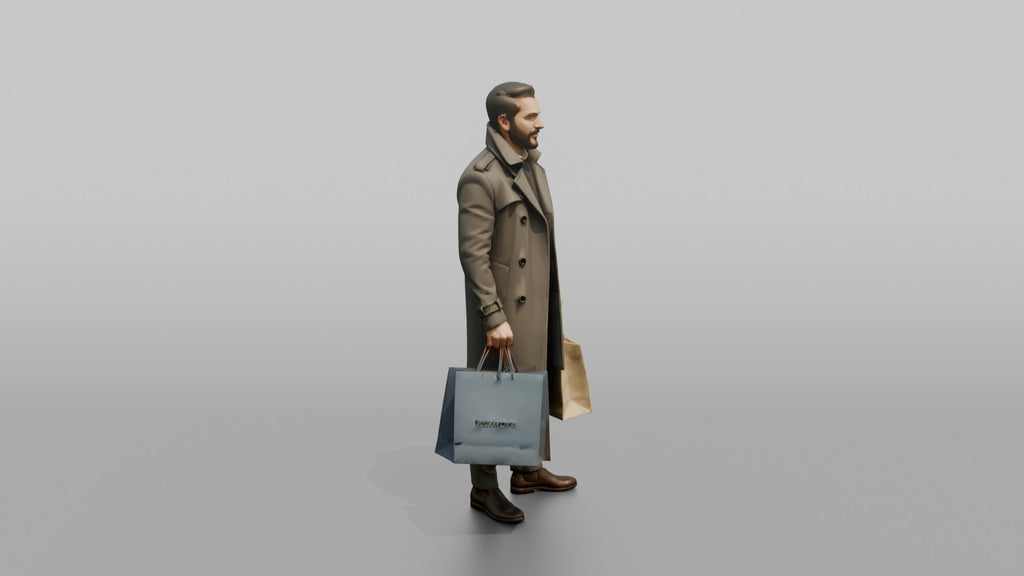 Middle Eastern Man in Trench Coat with Shopping Bags