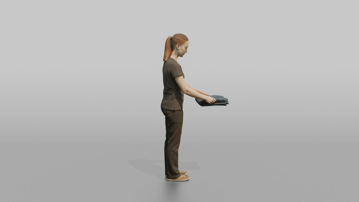 Woman Shop Assistant Folding A Pair Of Jeans - 3D character model, view 2