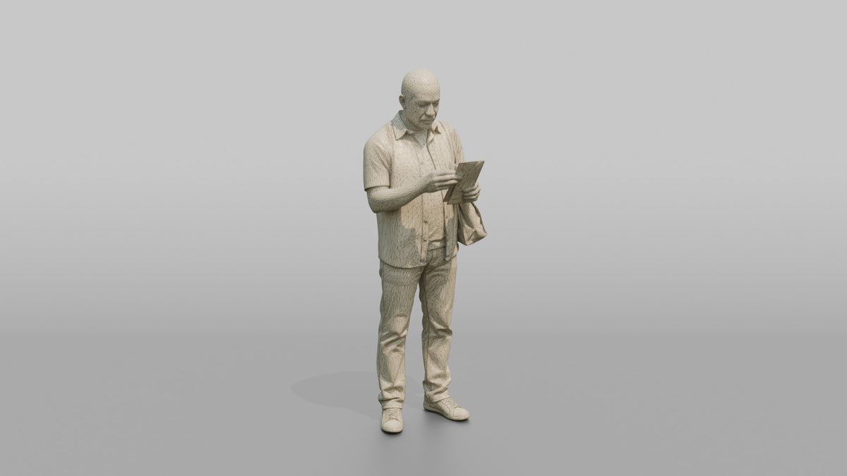 Man Customer Holding A Shopping Bag While Checking A Receipt - wireframe topology preview