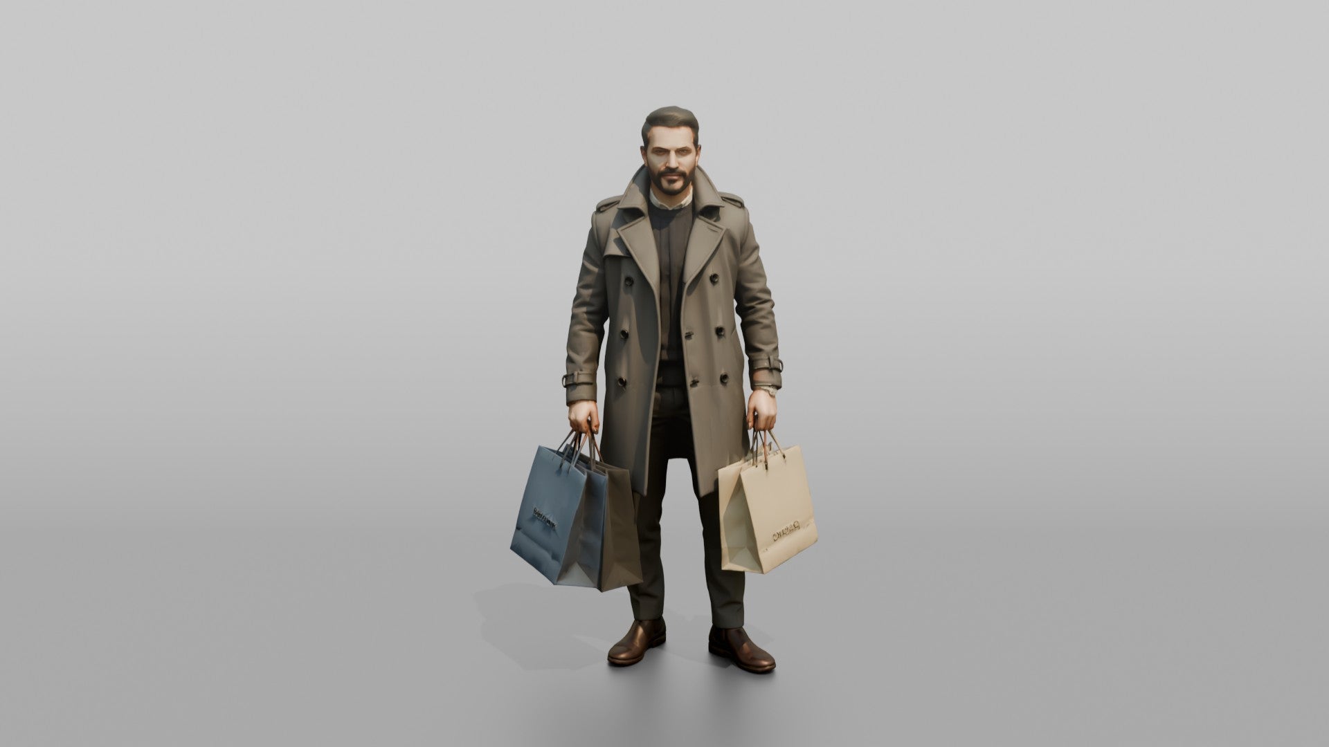 Middle Eastern Man in Trench Coat with Shopping Bags