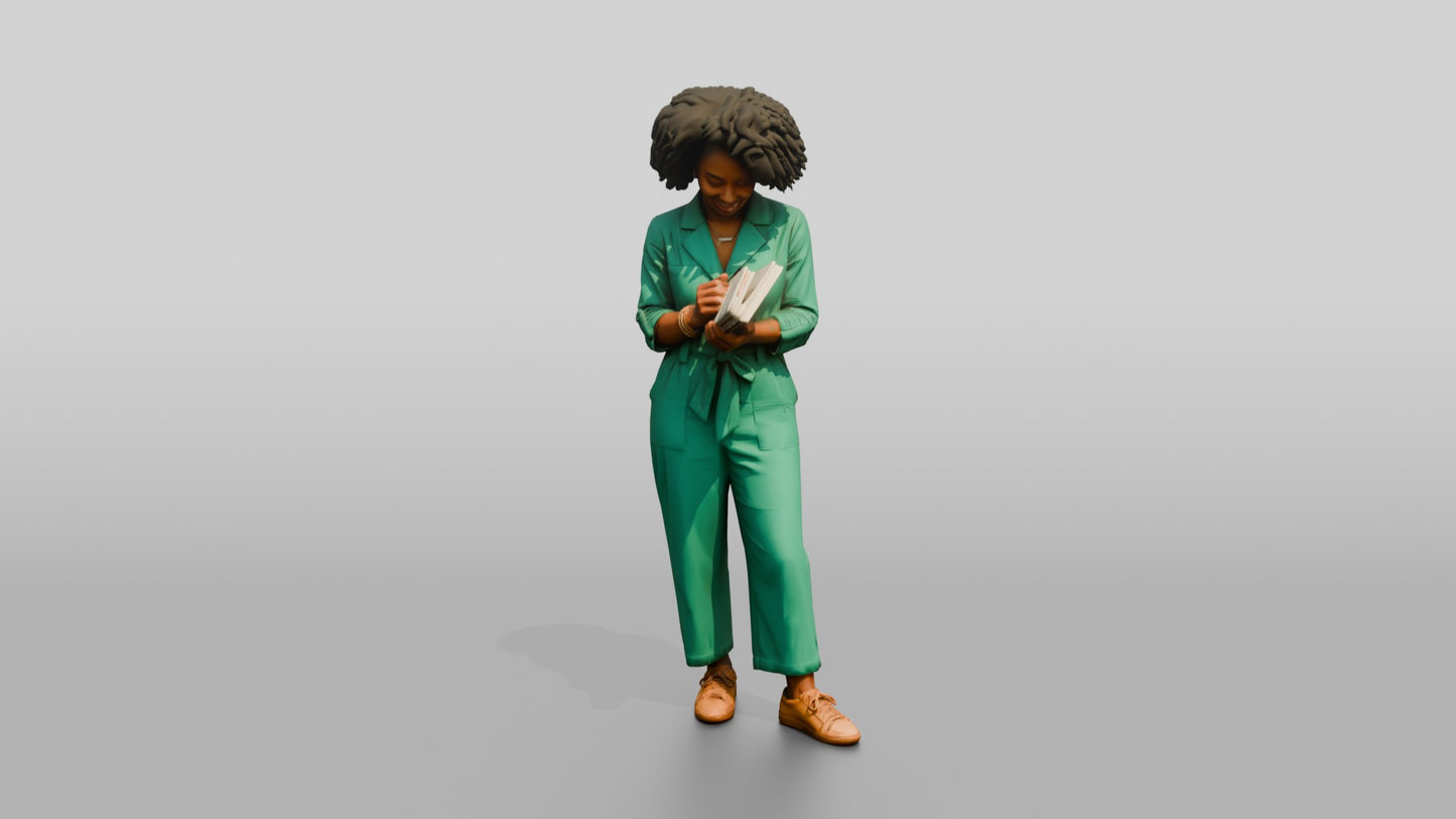 Woman Reading a Document in a Jumpsuit