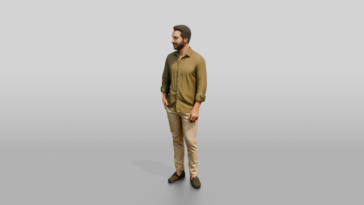 Man Standing in an Olive Shirt - 3D character model, view 4