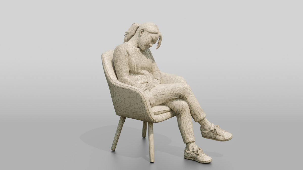 Homeless Woman Sleeping Sitting Up with Her Chin on Her Chest - wireframe topology preview