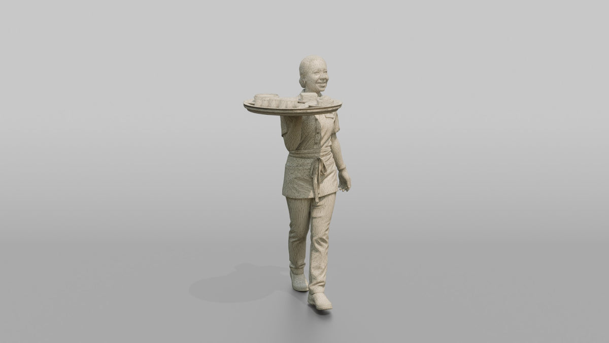 Server Woman Balancing A Tray With Dessert Plates - wireframe topology preview