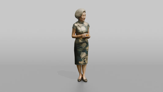 Elderly Wedding Guest Holding a Cup of Tea - 3D character model, view 1