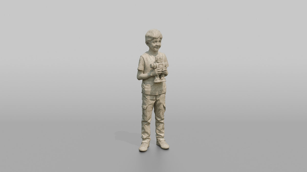 Son Holding A Toy Robot With Both Hands - wireframe topology preview