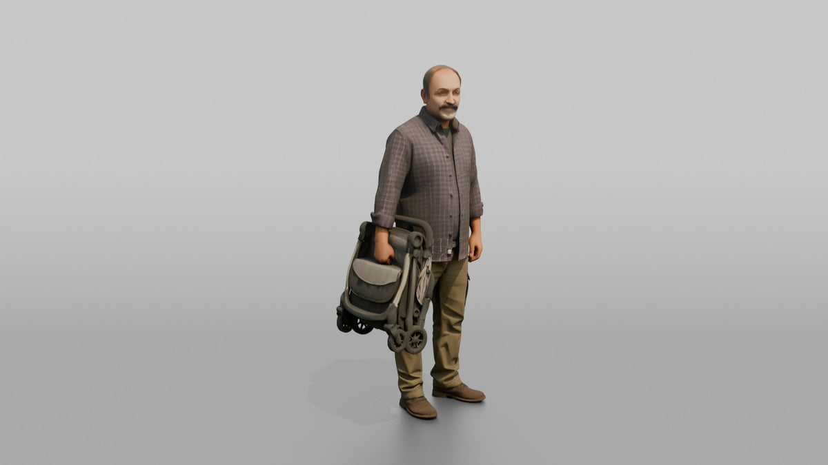 Father Carrying A Folded Stroller Tucked Under One Arm - 3D character model