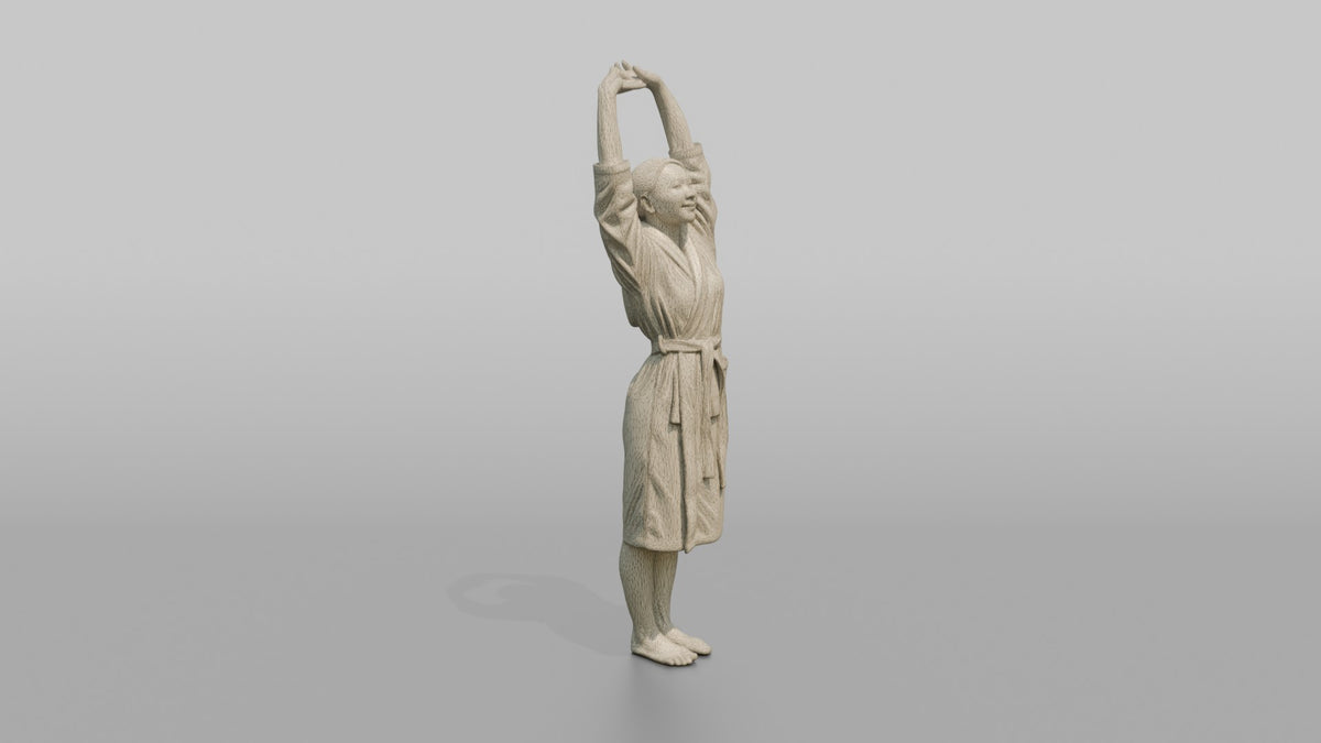 Spa Client Man Standing Stretching Both Arms Overhead In A Robe - wireframe topology preview