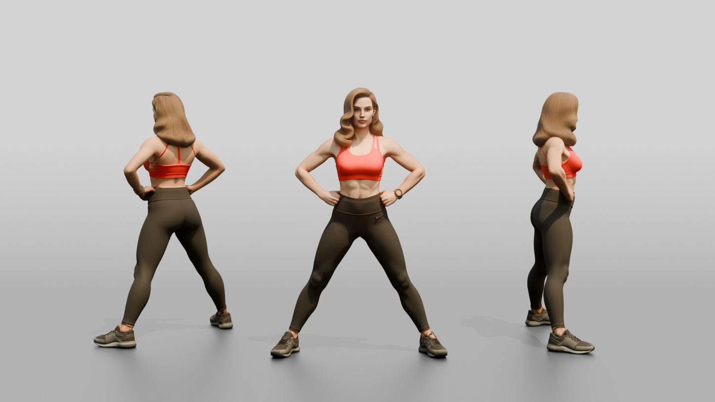 Blonde Woman in Red Sports Bra Wide Stance