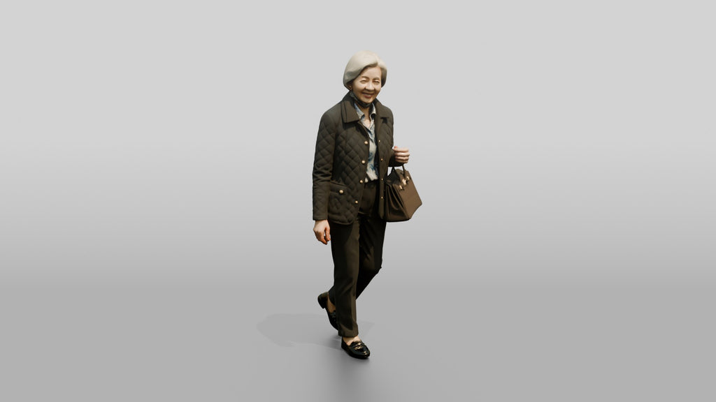Elderly Asian Woman in Quilted Jacket with Luxury Handbag