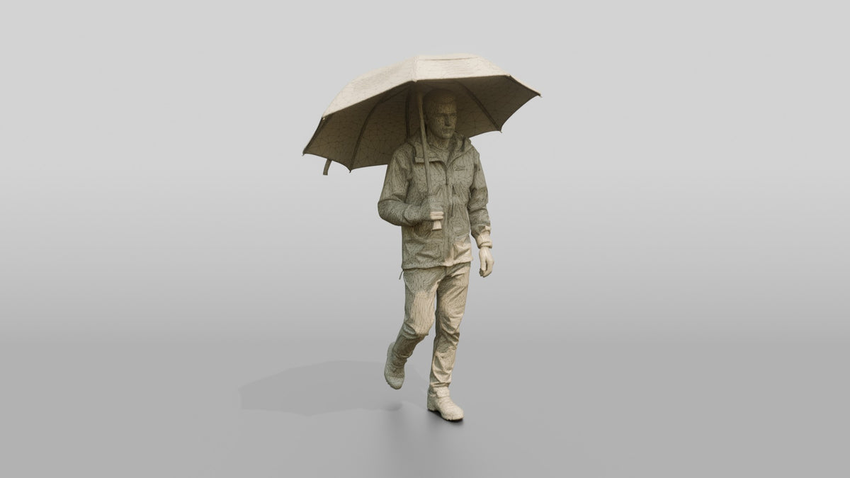 White Man in Grey Shell Jacket with Umbrella - wireframe topology preview