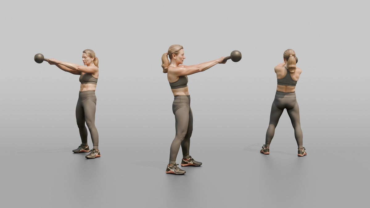 Weightlifter Woman Performing A Kettlebell Swing - 3D character model, view 1