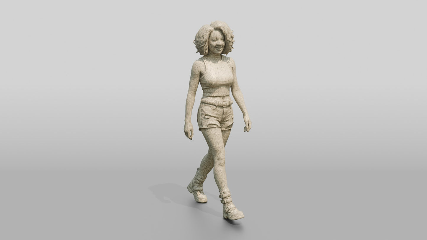 Woman with Curly Hair Walking in Olive Tank Top and Shorts