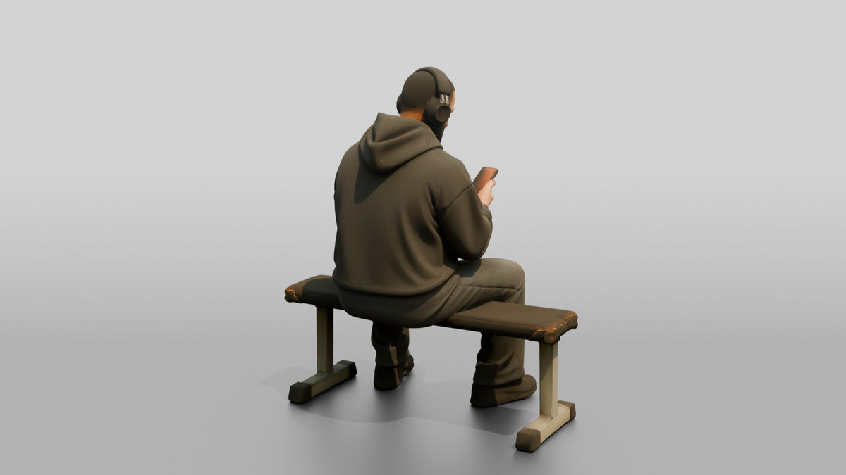 Man Sitting Upright on Weight Bench - 3D character model, view 3