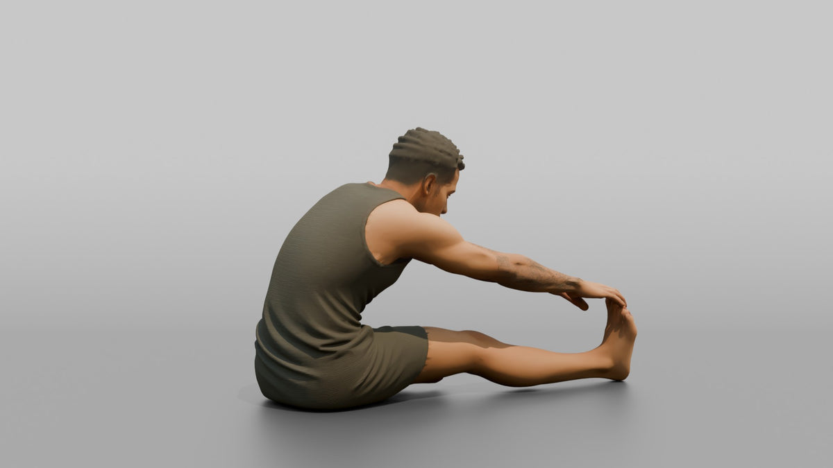 Fitness Influencer Man Stretching One Leg Forward, Hands Reaching Toward The Foot - 3D character model, view 3