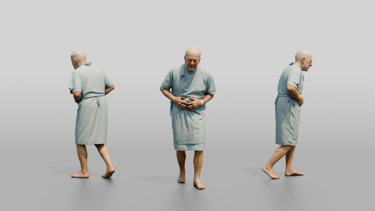 Elderly Man Patient Walking with Stomach Pain