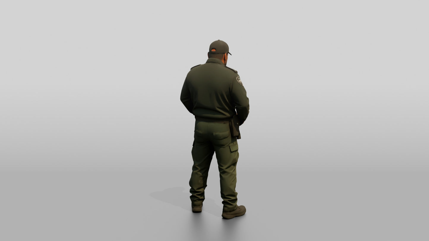 Stocky Latino Male Guard in a Dark Green Uniform