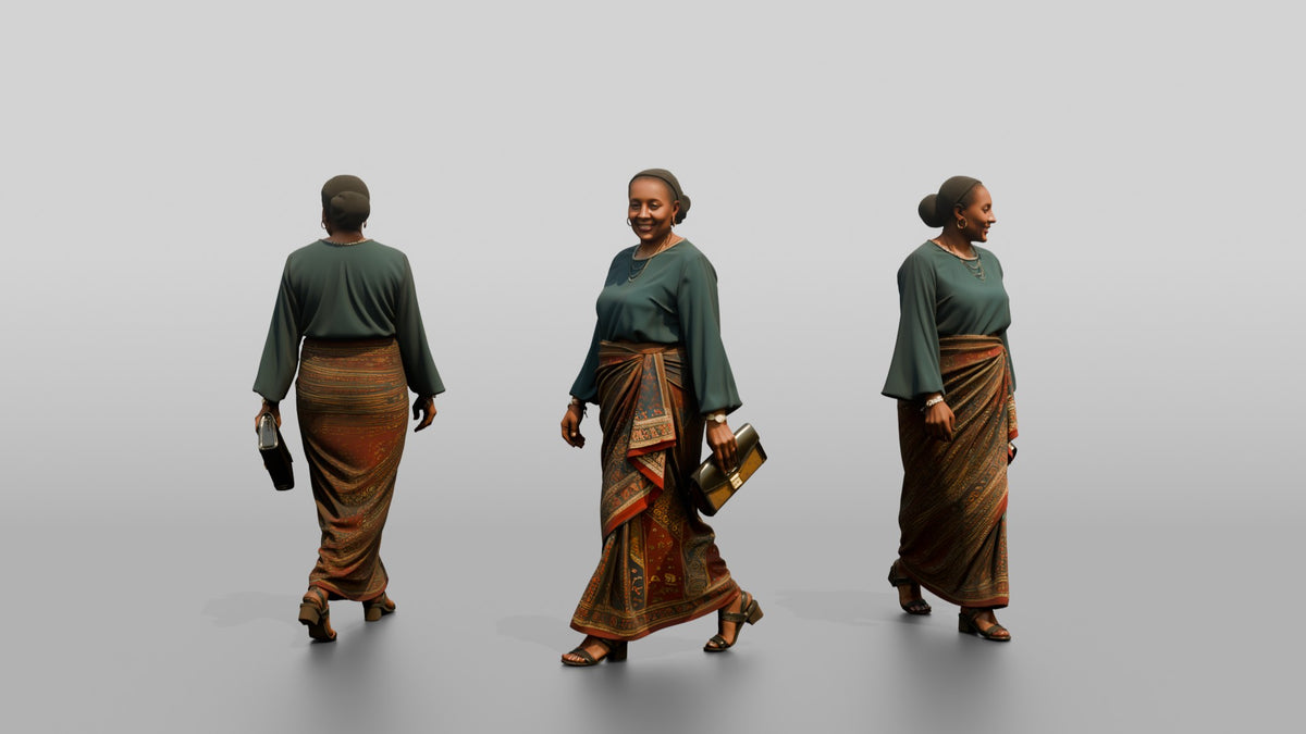 Curvy African Woman in a Printed Wrap Dress Carrying a Briefcase - 3D character model