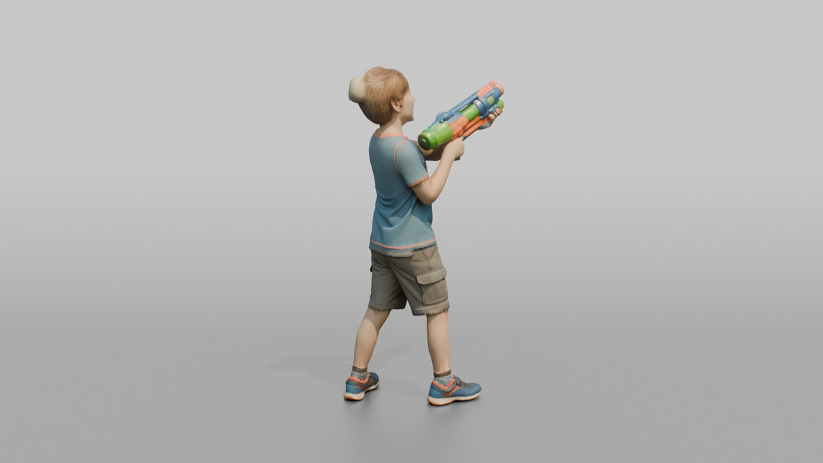 Son Holding A Water Gun Pointed Slightly Upward - 3D character model, view 3