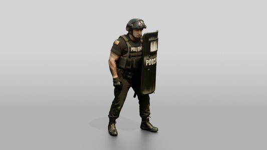 Riot Police Officer with Marked Shield - 3D character model, view 1