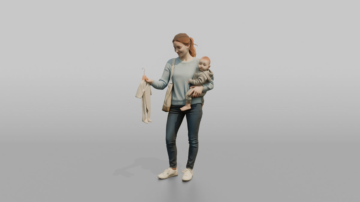 Woman Customer Carrying A Baby On Her Hip While Browsing Baby Clothes - 3D character model, view 5