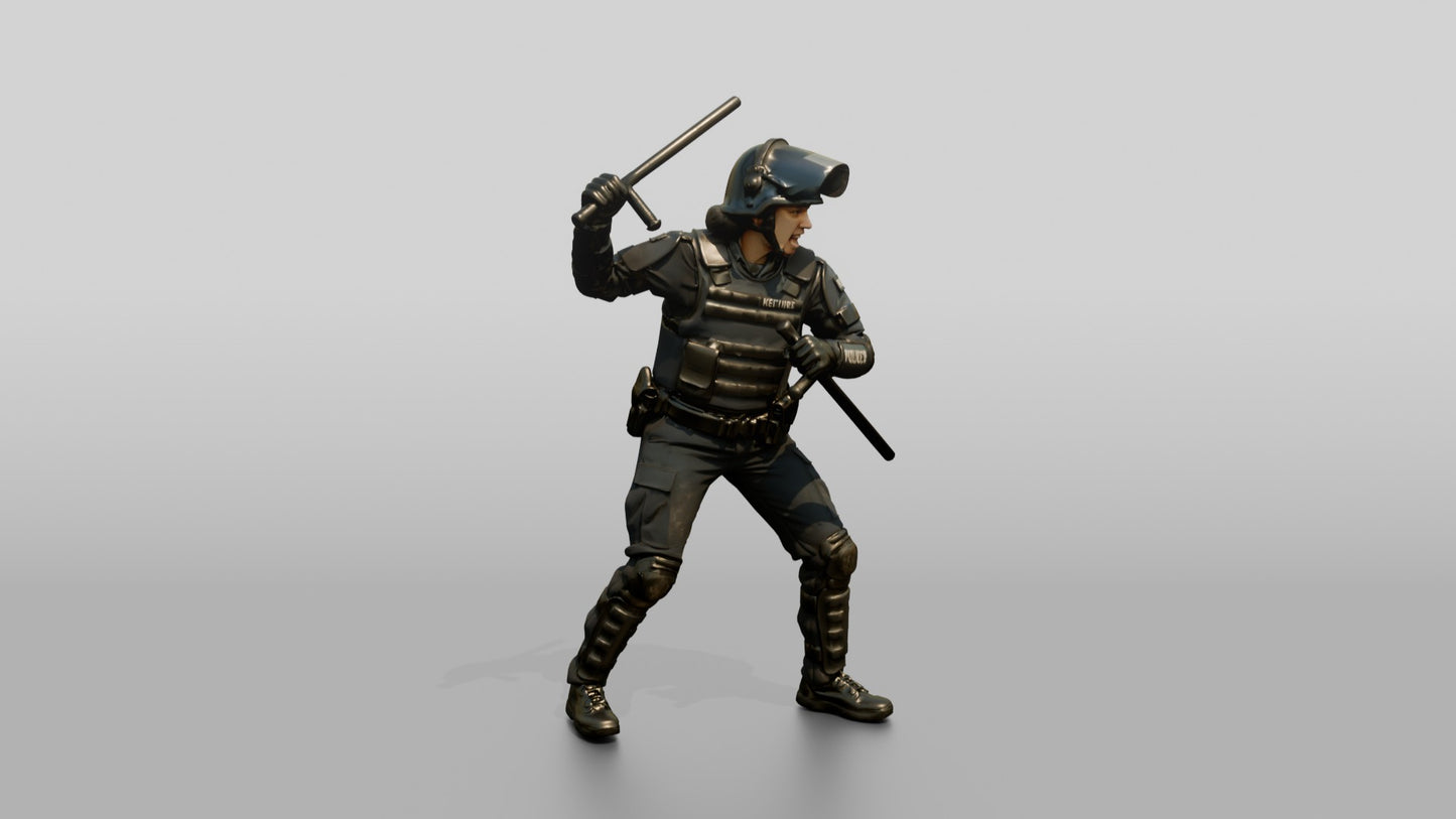 Riot Police Officer Striking with Baton