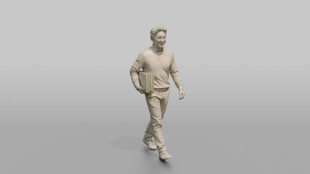 Father Carrying A Stack Of Picture Books Under One Arm - wireframe topology preview