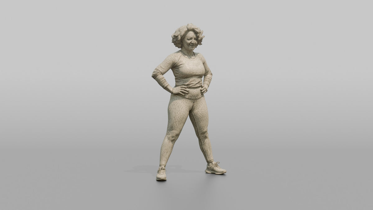 Physique Model Woman Standing In A Confident Wide Stance, Hands On Hips - wireframe topology preview