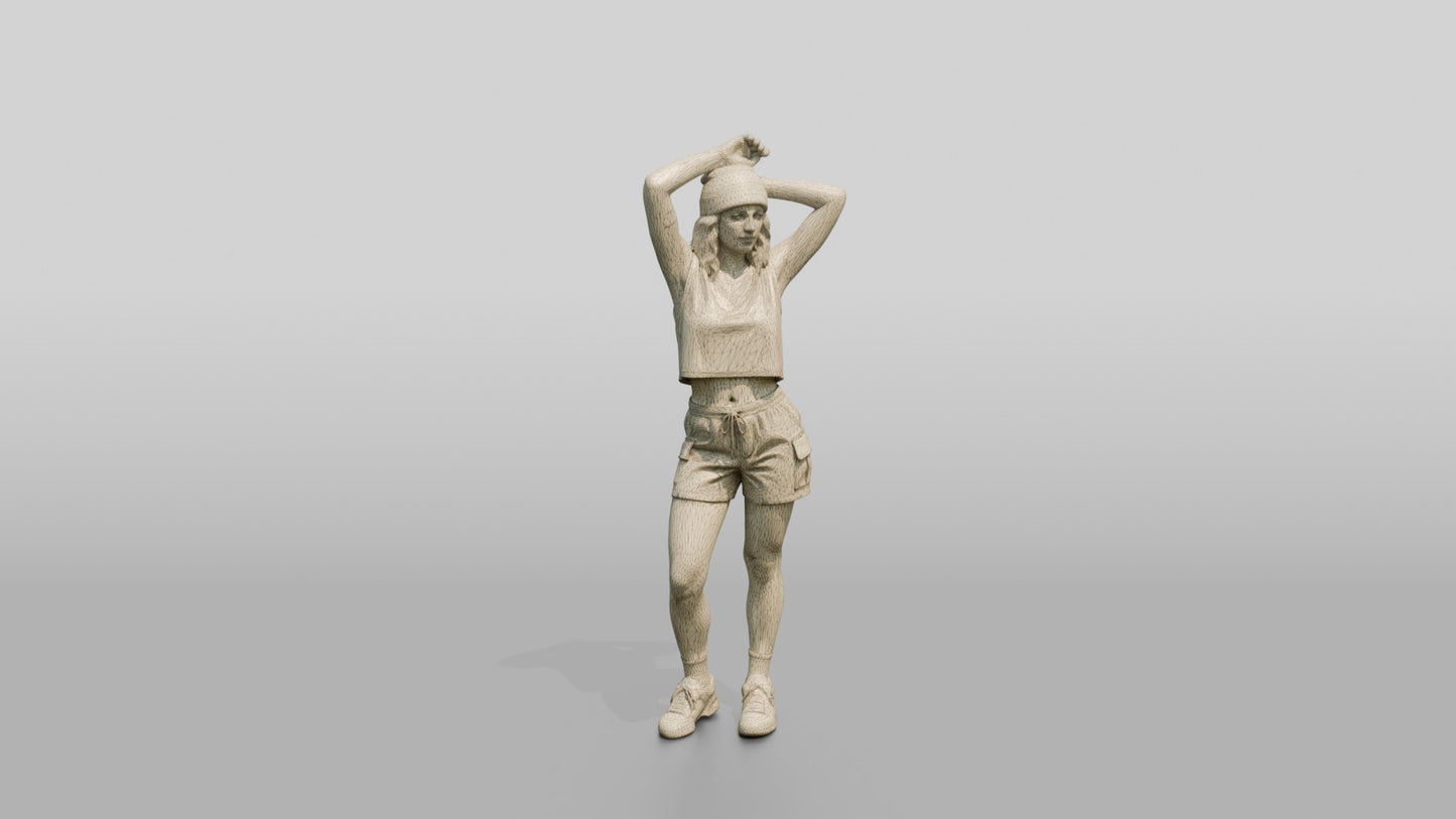Woman Stretching Arms Overhead in Olive Cargo Shorts