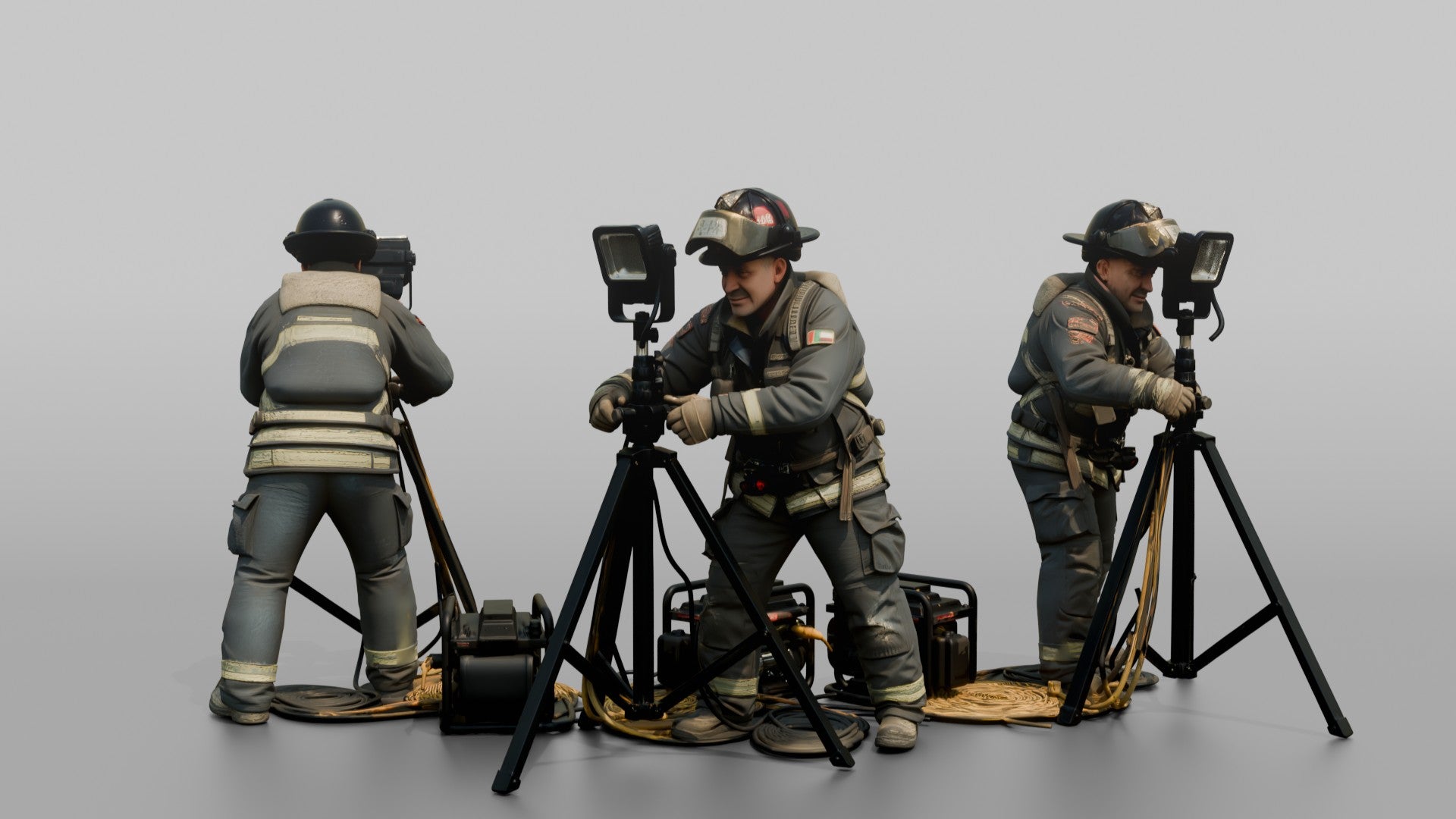 Firefighter Man Operating a Portable Floodlight Tripod