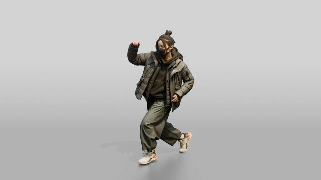 Techwear Woman in Puffer Jacket Mid-Stride