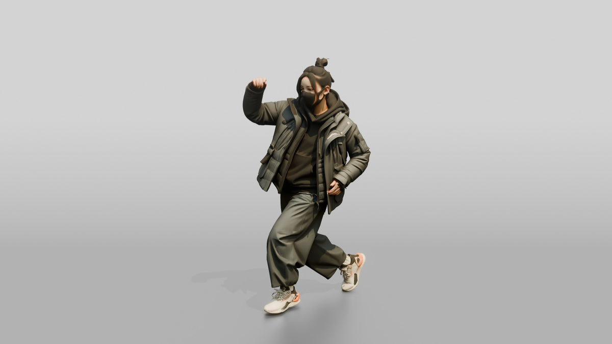 Techwear Woman in Puffer Jacket Mid-Stride - 3D character model, view 1