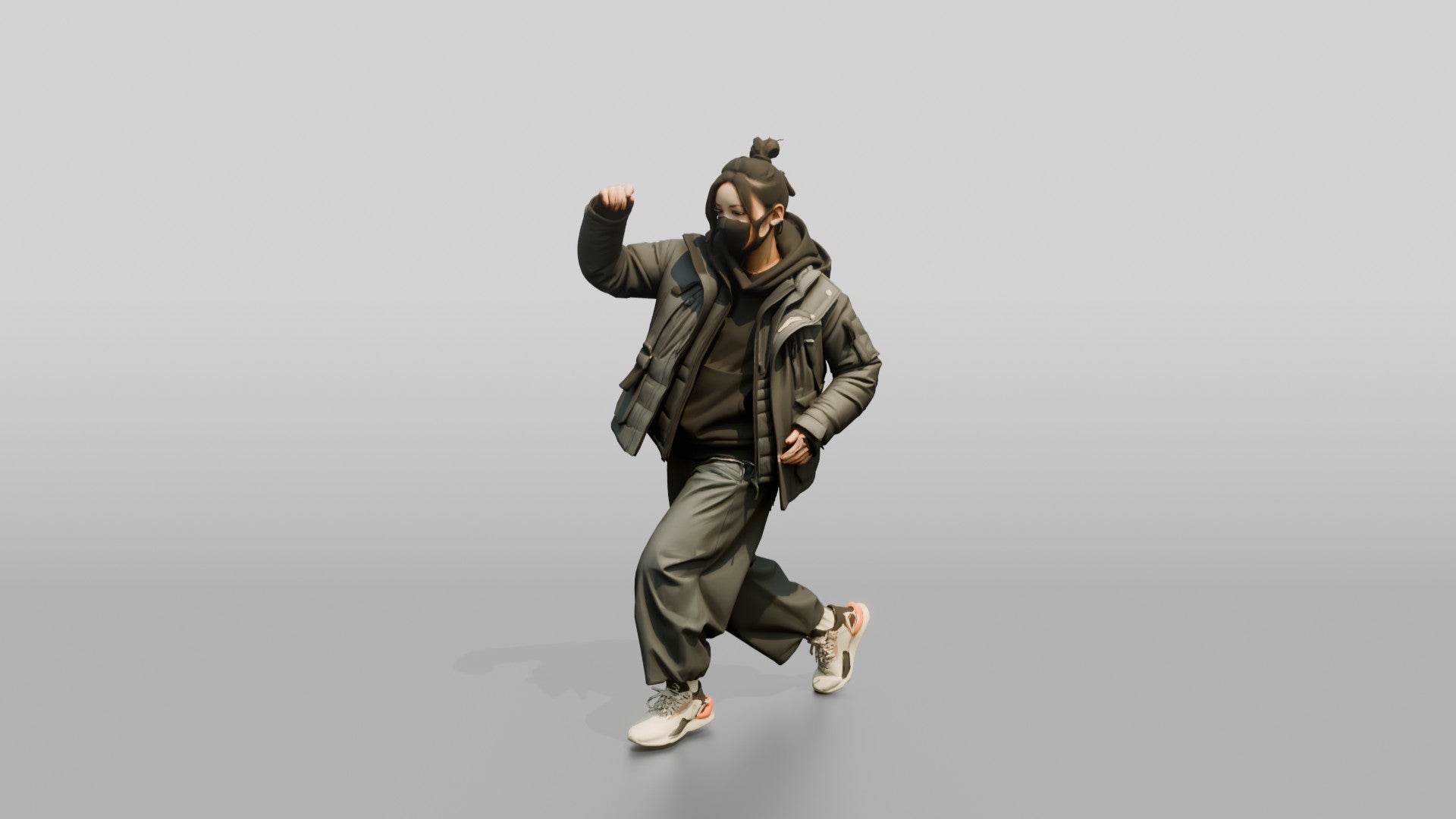 Techwear Woman in Puffer Jacket Mid-Stride