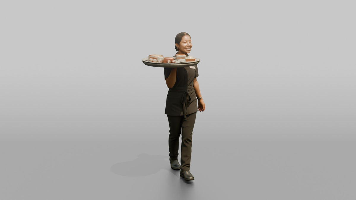 Server Woman Balancing A Tray With Dessert Plates - 3D character model