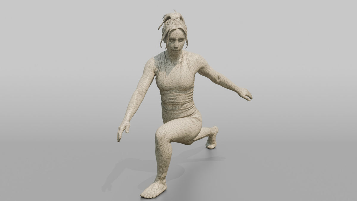 Fitness Influencer Woman In A Low Lunge Position - wireframe topology preview