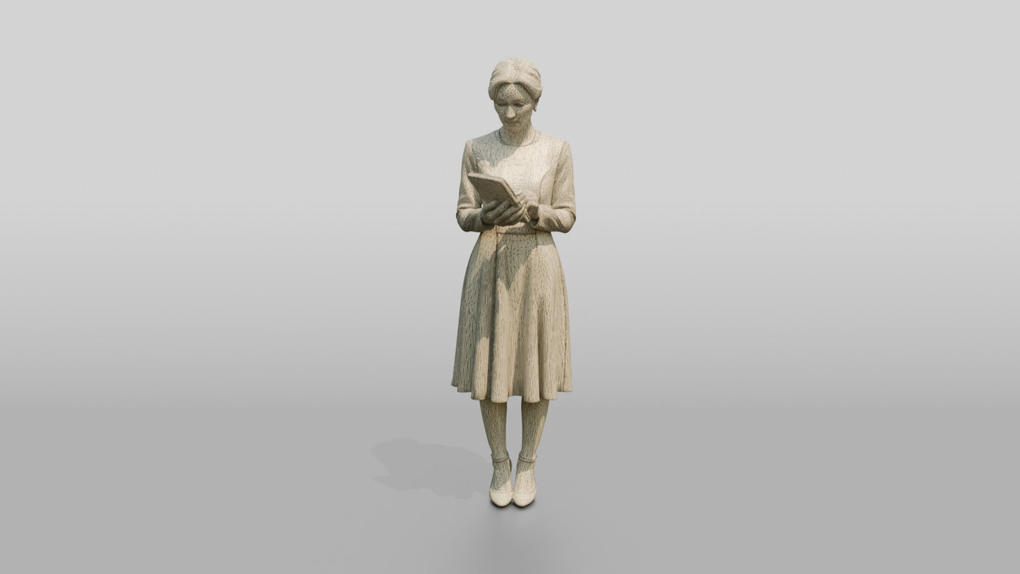 Woman Holding a Tablet in a Navy Dress