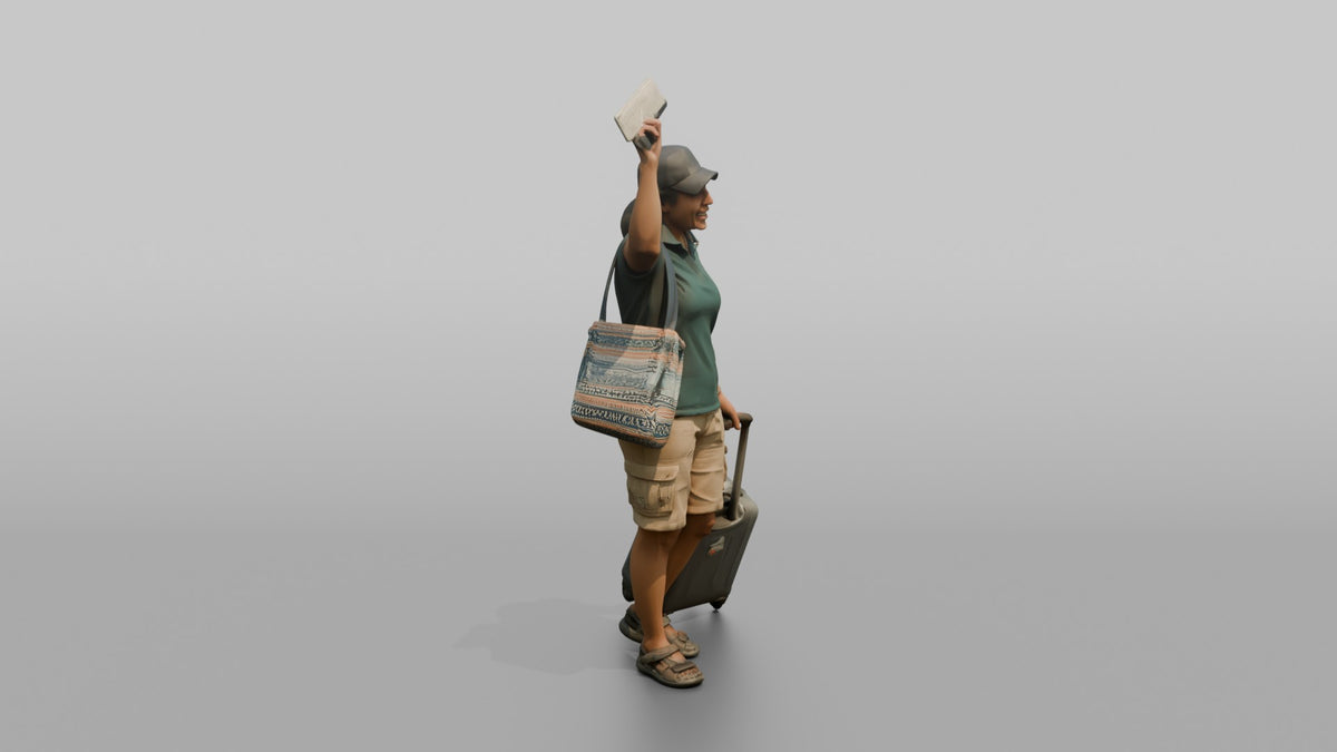 Traveler Waving Her Boarding Pass - 3D character model, view 2