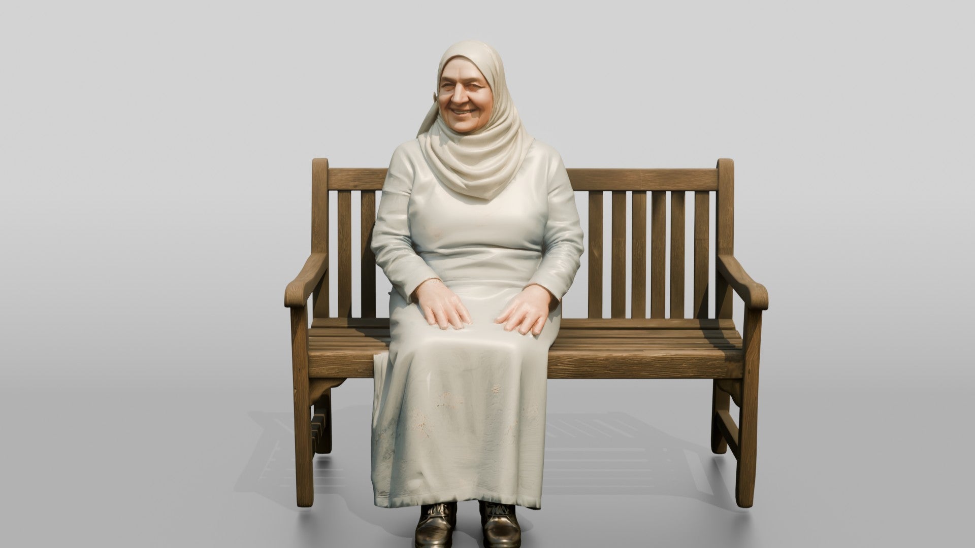 Elderly Iraqi Woman in Hijab Smiling on a Bench