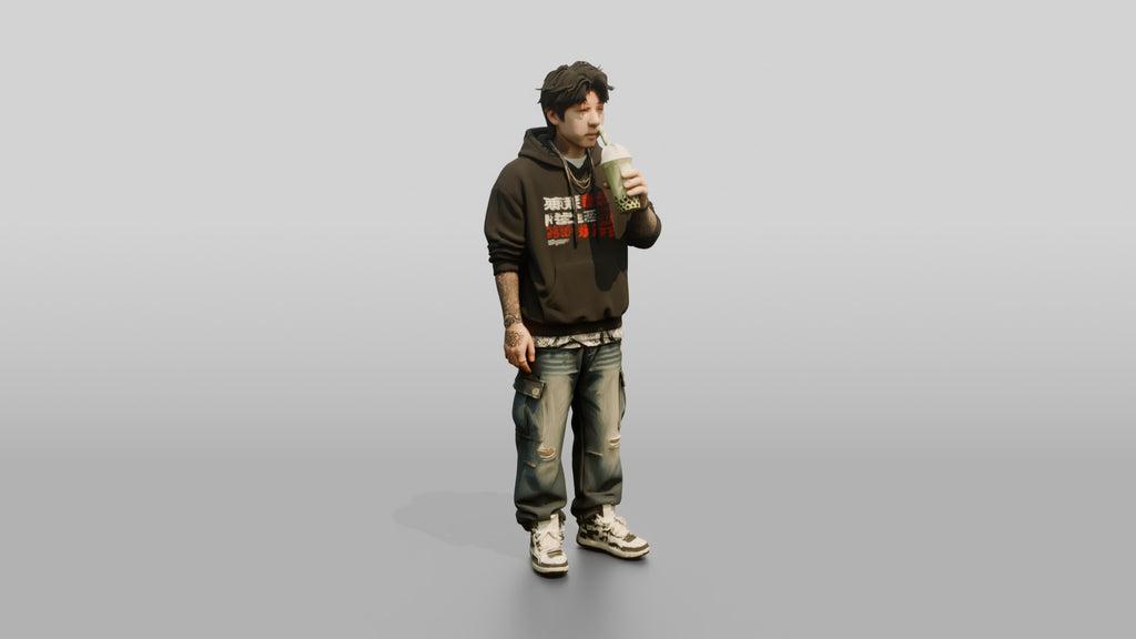 Asian Man Drinking Matcha Boba